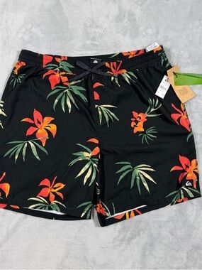 Quiksilver Black Floral Board Shorts with Orange & Green Print